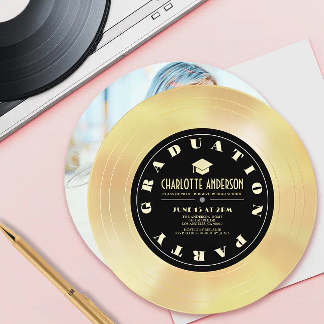 Gold Disc/Vinyl Record Graduation Photo Invitation | Zazzle