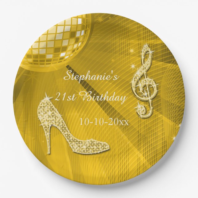 Gold Disco Ball and Heels 21st Birthday Paper Plate (Front)