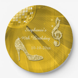 Gold Disco Ball and Heels 90th Birthday Paper Plate