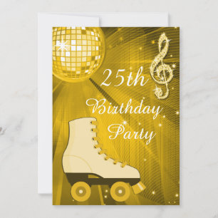 Gold Disco Ball and Roller Skates 25th Birthday Invitation