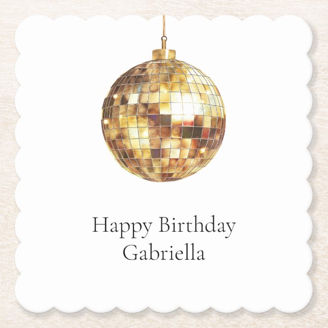 Gold Disco Ball Birthday Paper Coaster (Front)