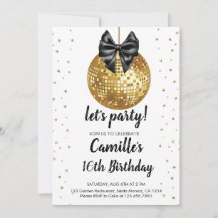 Gold Disco Ball black bow Birthday Invitation