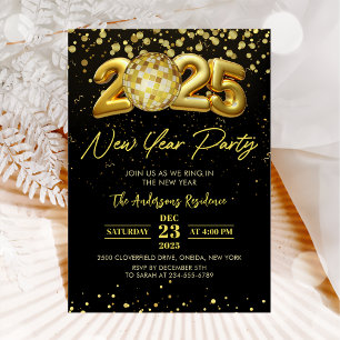 Gold Disco Ball Cheers New Years Eve Party 2024 Invitation