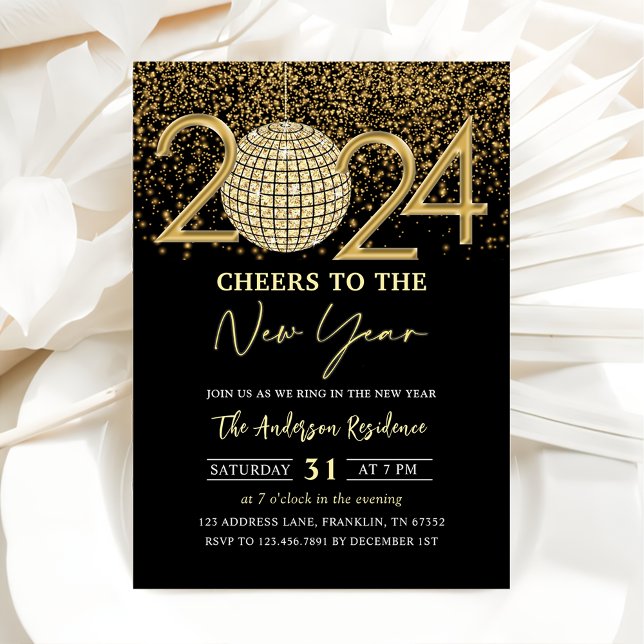 Gold Disco Ball Cheers New Years Eve Party 2024 Invitation (Creator Uploaded)