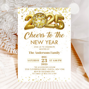 Gold Disco Ball Cheers New Years Eve Party 2025 Invitation