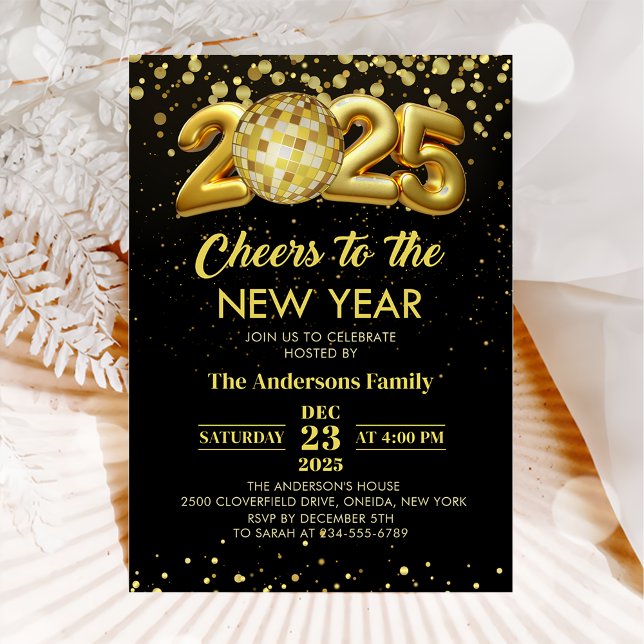 Gold Disco Ball Cheers New Years Eve Party 2025 Invitation (Creator Uploaded)