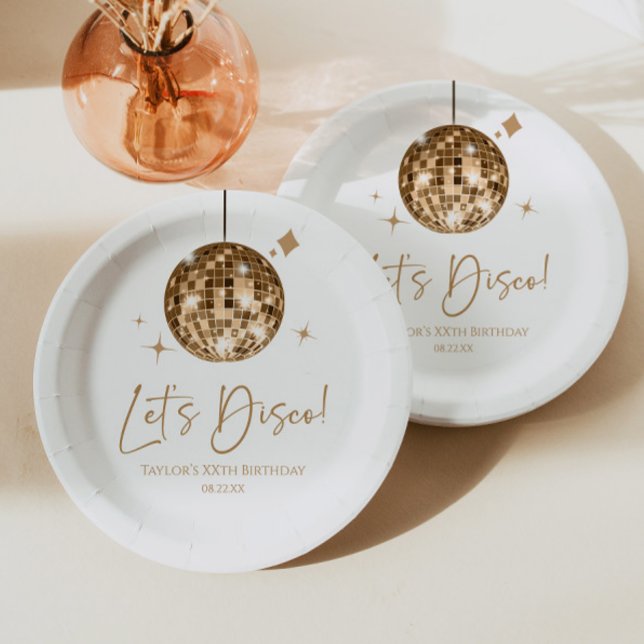 Gold Disco Ball Let's Disco Birthday Party Paper Plate (Creator Uploaded)