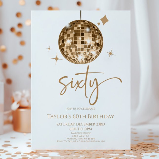 Gold Disco Ball Sixty 60th Birthday Party Invitation (Creator Uploaded)