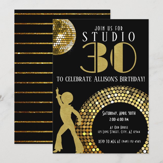 Gold Disco Ball Studio 54 Party 30th Birthday Invitation (Front/Back)