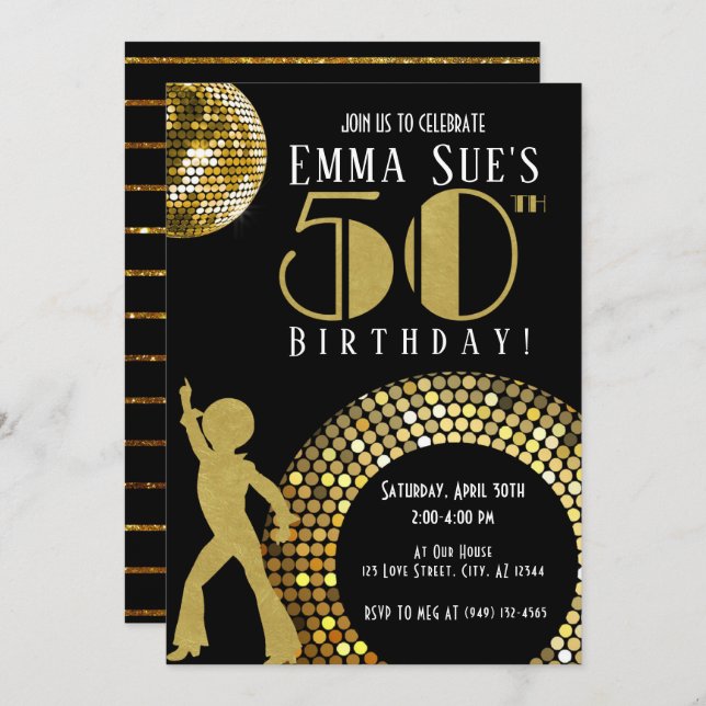 Gold Disco Ball Studio 54 Party 50th Birthday Invitation (Front/Back)
