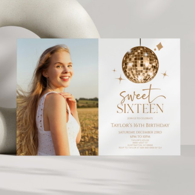 Gold Disco Ball Sweet Sixteen 16th Birthday Party Invitation (Creator Uploaded)