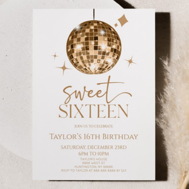 Gold Disco Ball Sweet Sixteen 16th Birthday Party Invitation (Creator Uploaded)