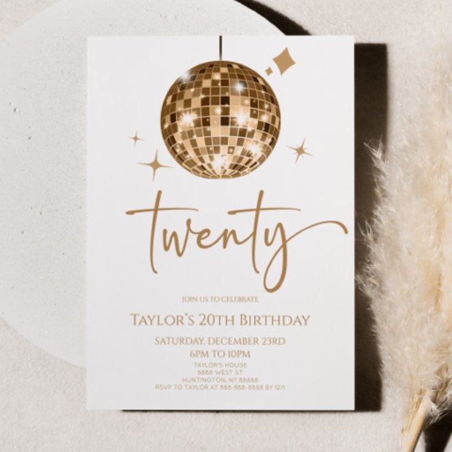 Gold Disco Ball Twenty 20th Birthday Party Invitation (Creator Uploaded)