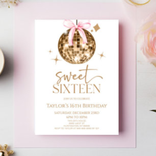Gold Disco Bow Sweet Sixteen 16th Birthday Party Invitation