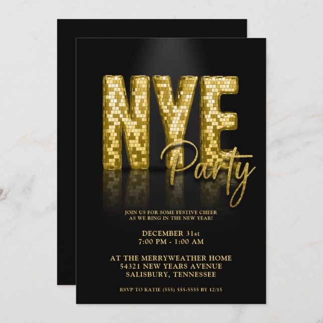 Gold Disco Glitter New Years Eve Party Invitation (Front/Back)