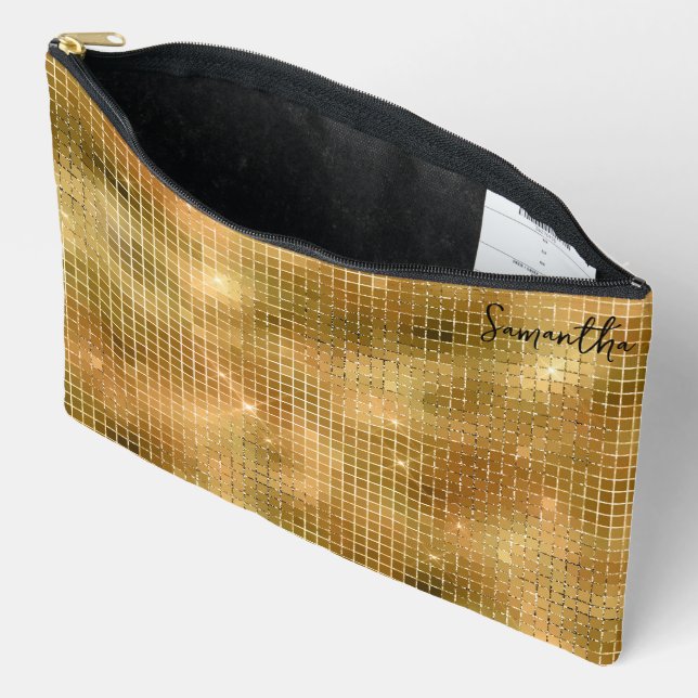 Gold Disco Mirrors Glitter Pattern Monogram Accessory Pouch (Open)