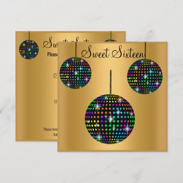 GOLD DISCOBALL SWEET SIXTEEN PARTY INVITATION (Front/Back)