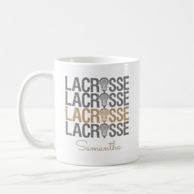 Gold Distressed Lacrosse Word Coffee Mug (Left)