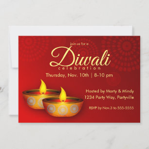 Gold Diyas on Red Invitation