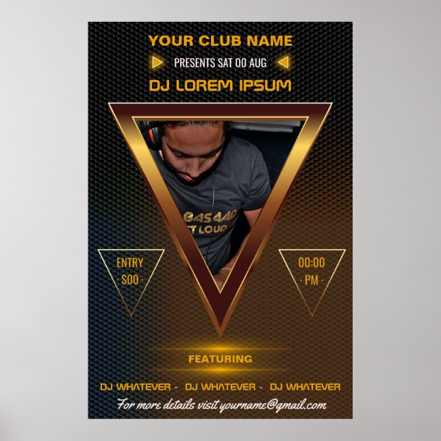 Gold DJ Music and Dance Gig add photo and logo Poster (Front)