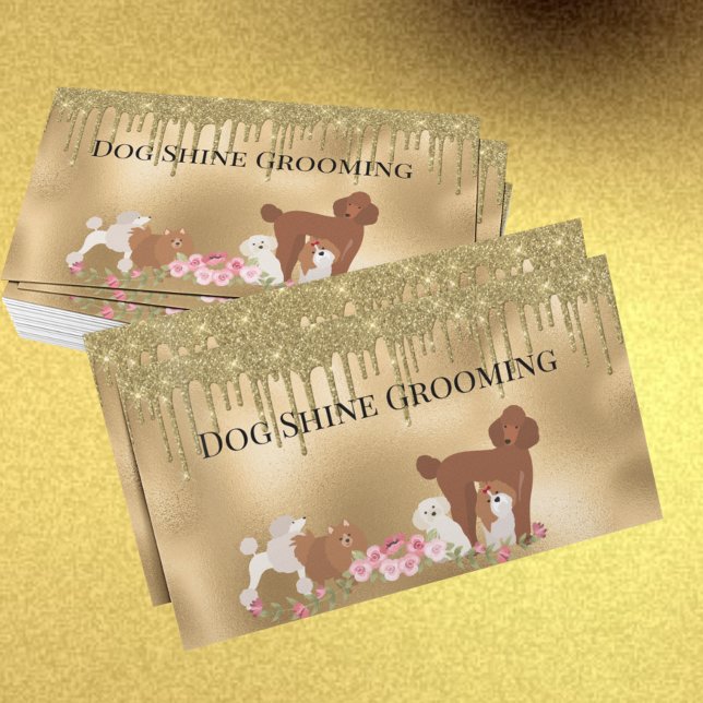Gold Dog Grooming Glitter Pet Services Business Card (Creator Uploaded)