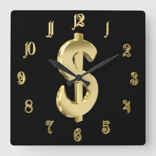 gold dollar sign square wall clock