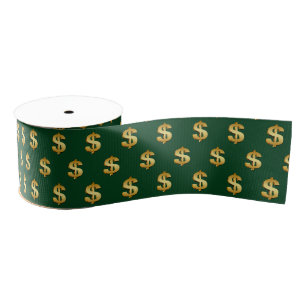 Gold Dollar Signs On Green Grosgrain Ribbon