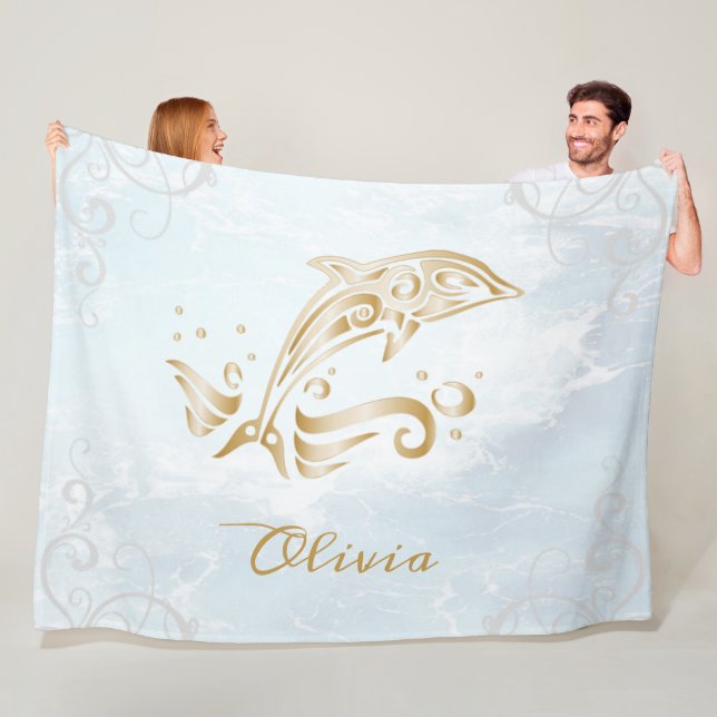Gold Dolphin Personalised Fleece Blanket (In Situ)