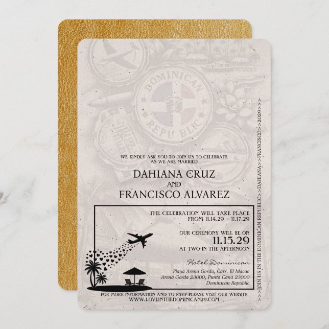 Gold Dominican Republic Passport Wedding Invitation (Front/Back)