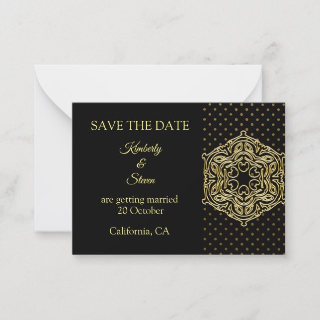 Gold Dot Pattern And Mandala Save The Date Card (Front)