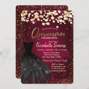 Gold Dots,Black Dress Burgundy Quinceañera Invitation
