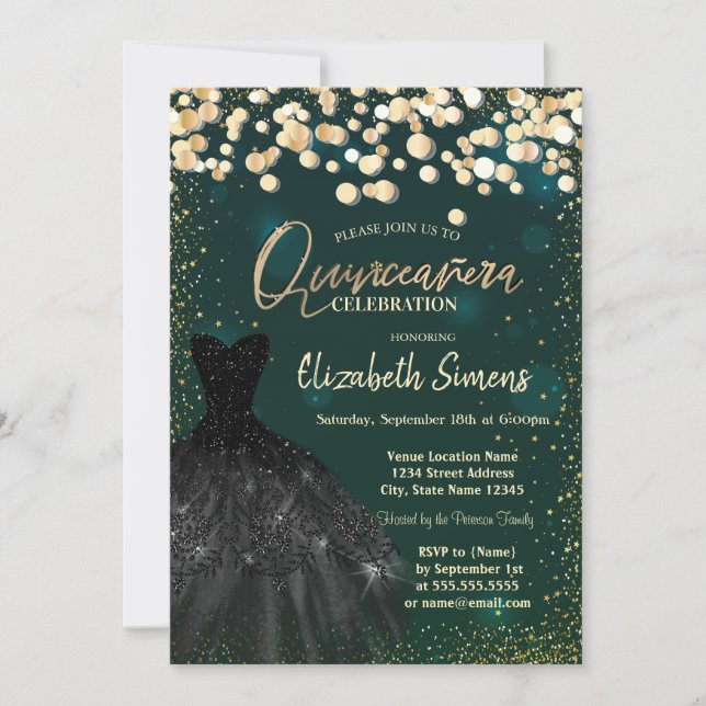Gold  Dots,Black Dress Green Quinceañera Invitation (Front)