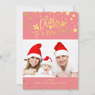 Gold Dots Cheers to New Year Script Holiday Photo Card