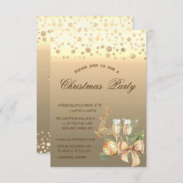 Gold Dots Christmas Balls,Reindeer Christmas Party Invitation (Front/Back)