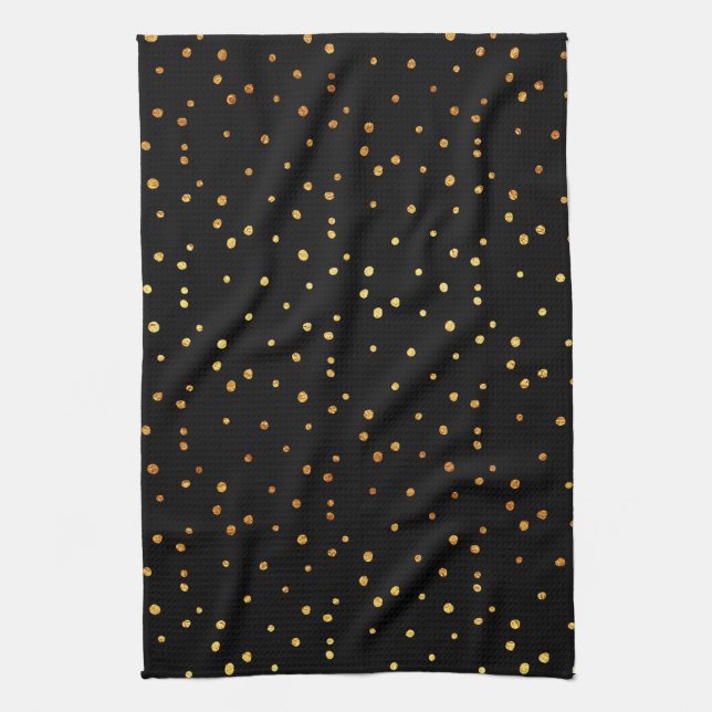Gold Dots Confetti Faux Foil Metallic Dot Black Tea Towel (Vertical)