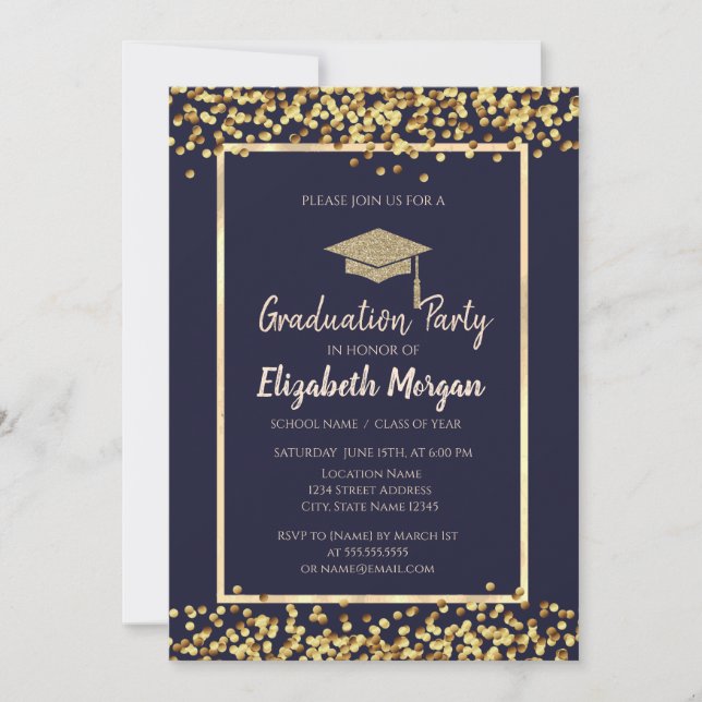 Gold Dots Glitter Grad Cap Graduation Invitation (Front)