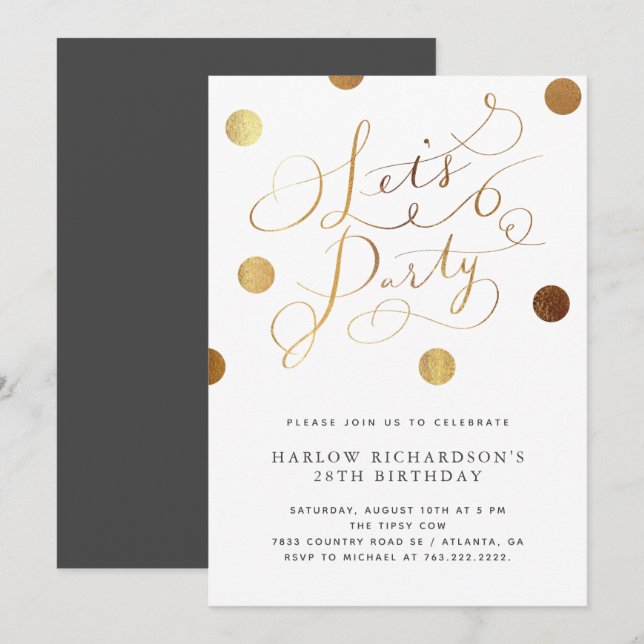 Gold Dots Let's Party Adult Birthday Invitation (Front/Back)