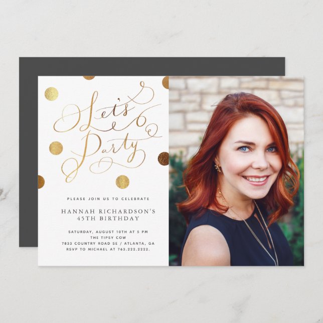 Gold Dots Let's Party Adult Birthday Photo Invitation (Front/Back)