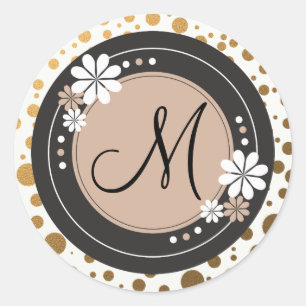 Gold Dots Monogram Stickers:Floral Frame Classic Round Sticker