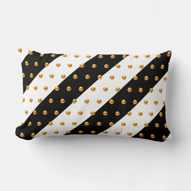 Gold Dots on Black & White Striped Lumbar Cushion (Front)