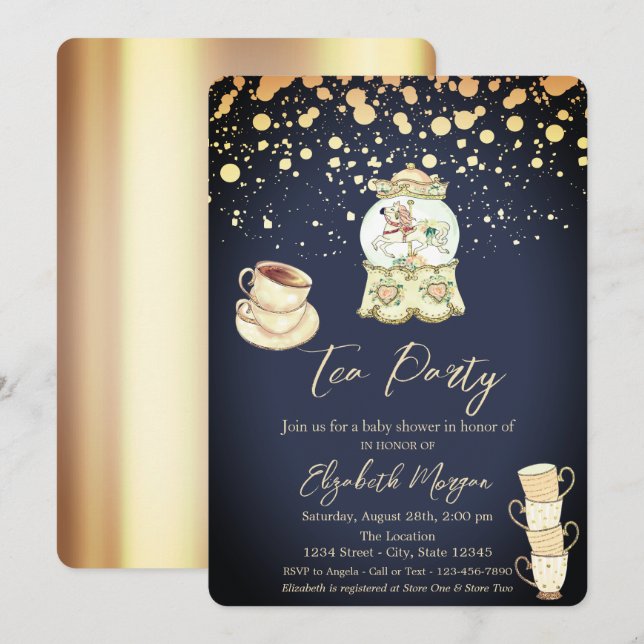 Gold Dots Tea Party Navy Blue Baby Shower  Invitation (Front/Back)