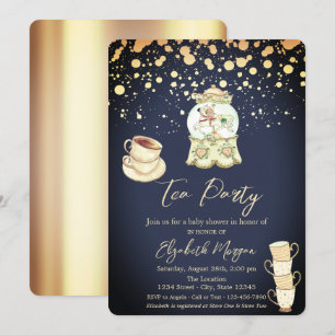 Gold Dots Tea Party Navy Blue Baby Shower  Invitation