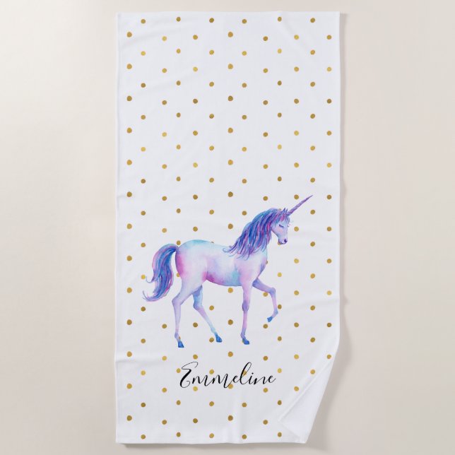 Gold Dots Unicorn Beach Towel (Front)