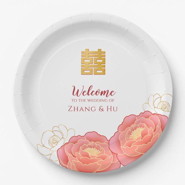 Gold Double Happiness Chinese Wedding Paper Plate (Front)