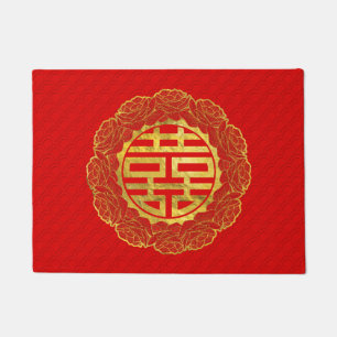 Gold Double Happiness Symbol in Peony Frame Doormat