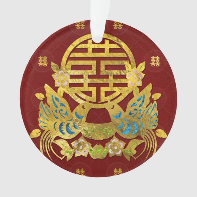 Gold Double Happiness Symbol with  birds Ornament (Front)
