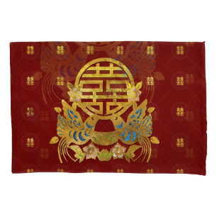 Gold Double Happiness Symbol with  birds Pillowcase