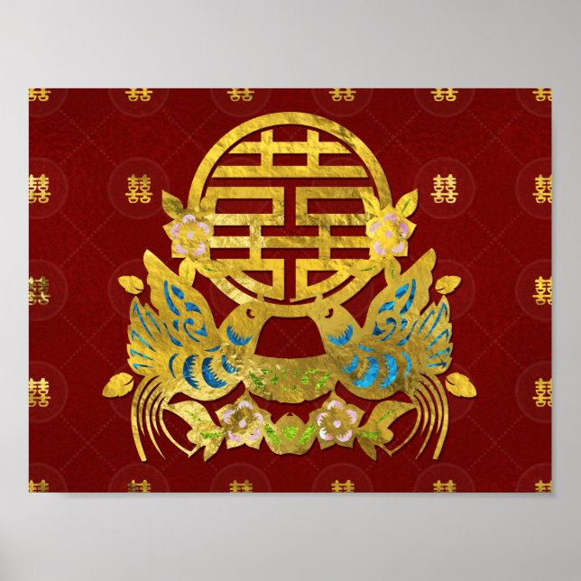 Gold Double Happiness Symbol with  birds Poster (Front)