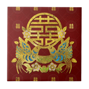 Gold Double Happiness Symbol with  birds Tile