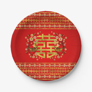 Gold Double Happiness Symbol with flowers and bird Paper Plate